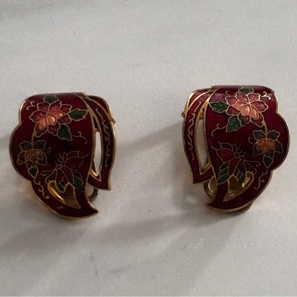 Cloisonné vintage red enamel gold tone clip on earrings - Picture 3 of 6